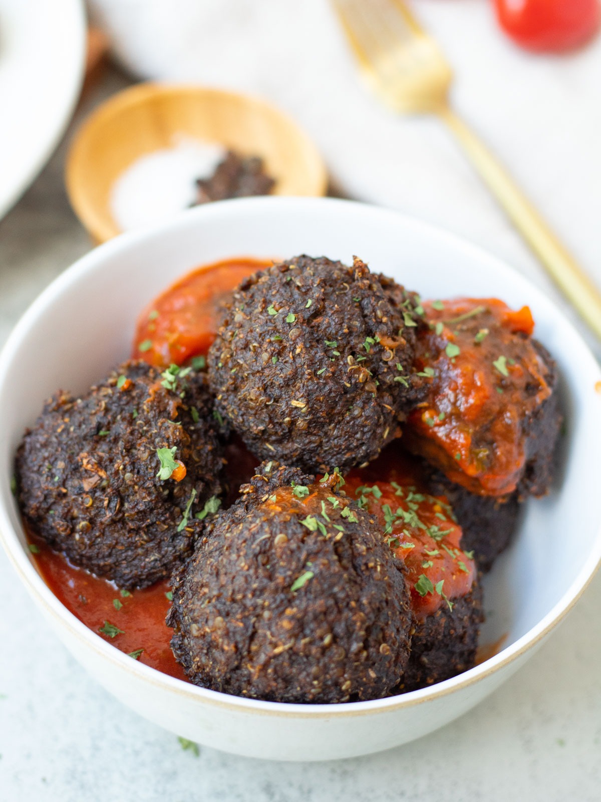 finished homemade vegan meatballs in sauce