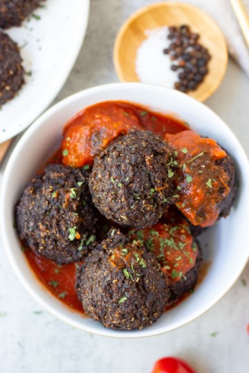 top view homemade vegan meatballs with sauce