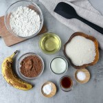 ingredients for vegan brownies on a grey background