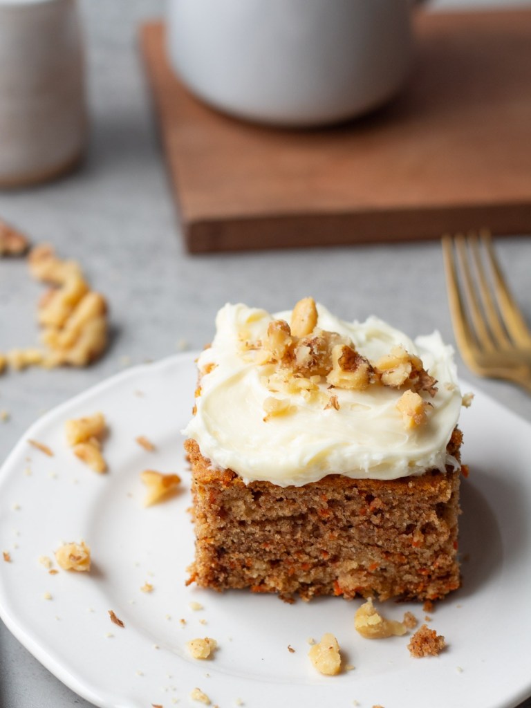 close up vegan carrot cake slice showing texture
