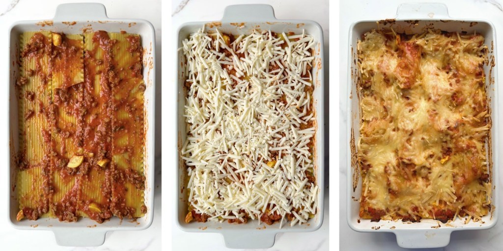 photos showing the steps of layering the vegan lasagna
