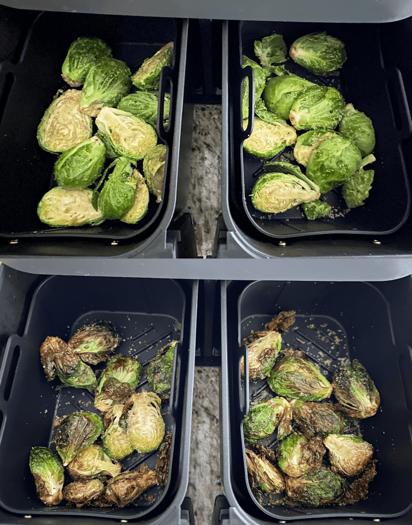 before and after of crispy air fried brussels sprouts in the air fryer