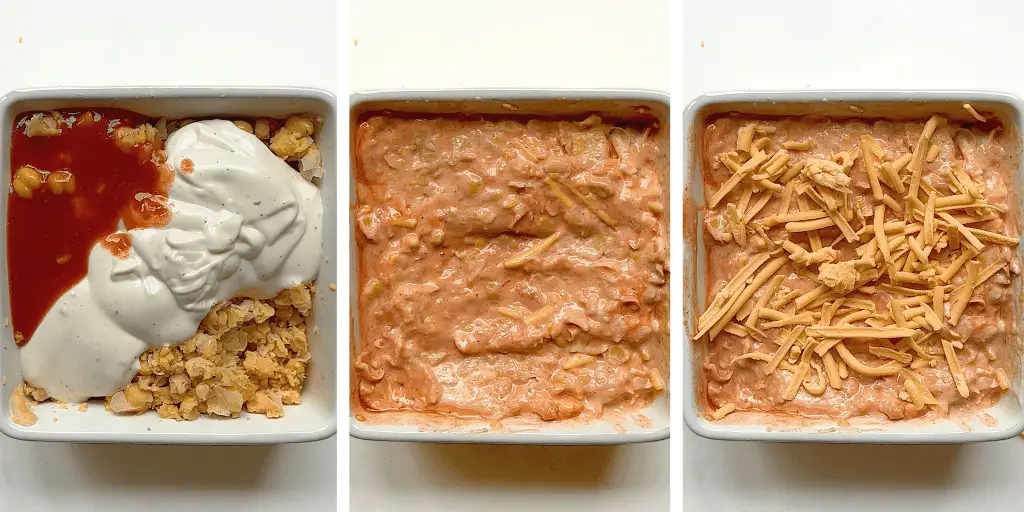 three stages of mixing buffalo chickpea dip