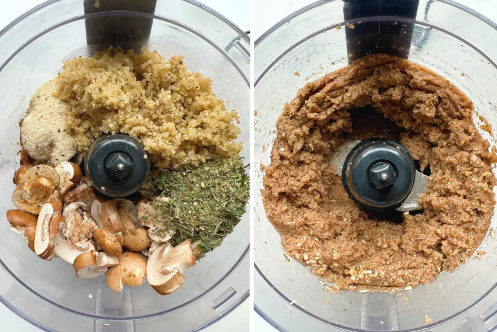 Before and after homemade vegan meatballs in food processor