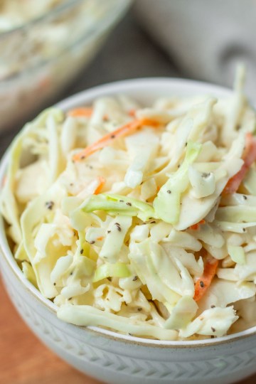 vegan coleslaw in a white bowl