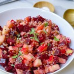 angle view of finished beet apple farro salad