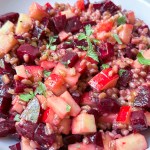 close up view of beet apple farro salad