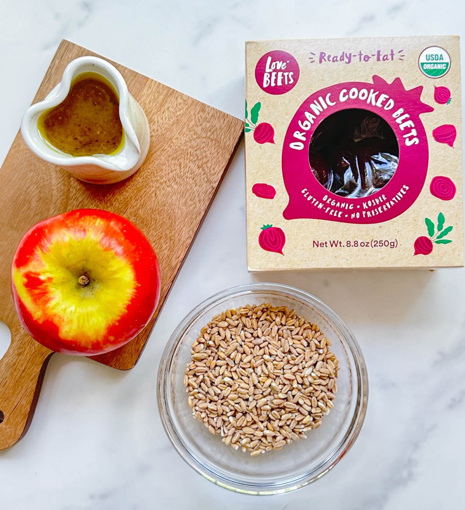 ingredients for beet apple farro salad