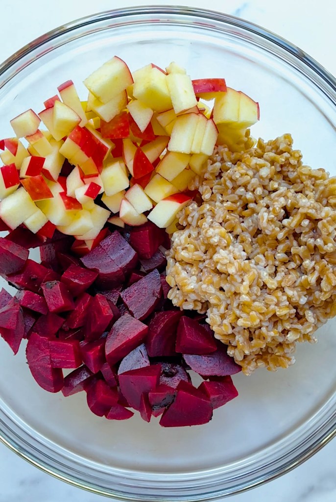 ingredients for beet apple farro salad before being mixed