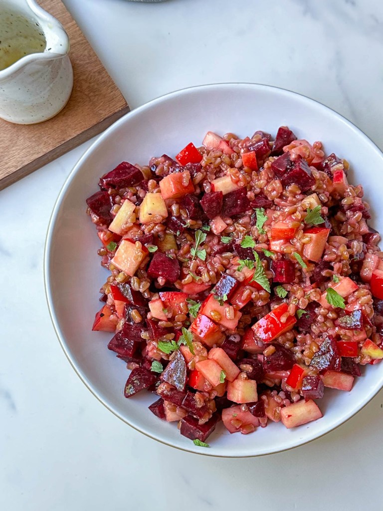 finished beet apple farro salad