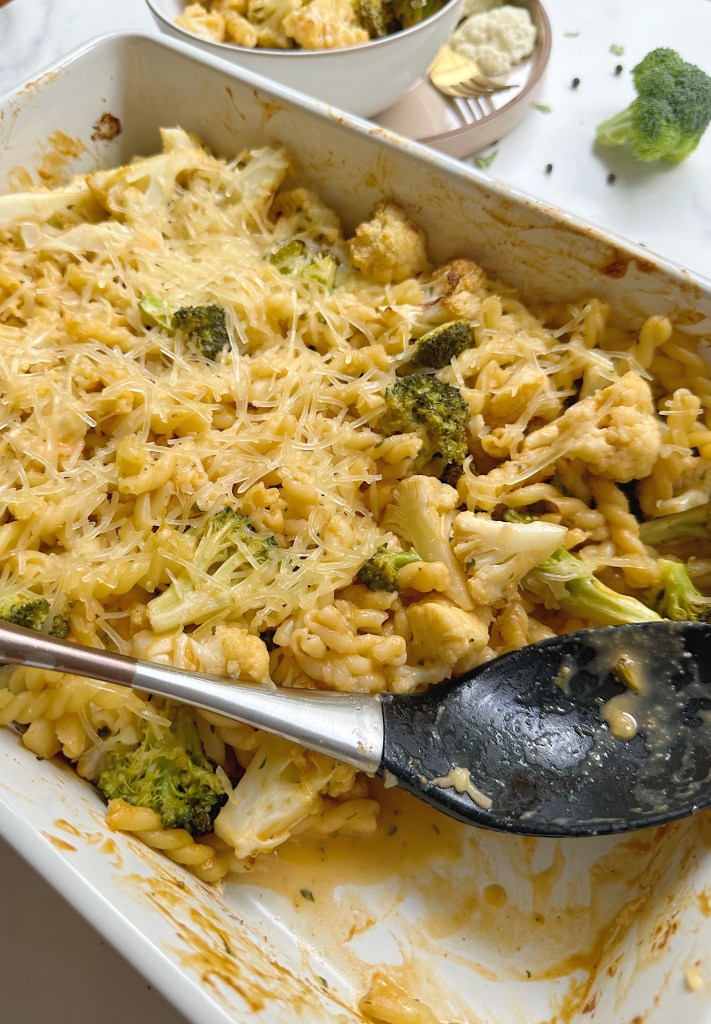 finished vegan broccoli cheddar casserole