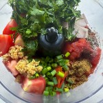 ingredients for easy mango salsa in food processor before pulsing