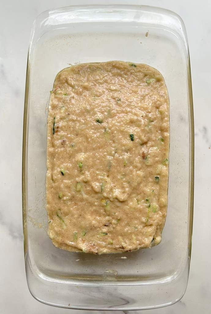final batter for vegan zucchini bread in baking dish