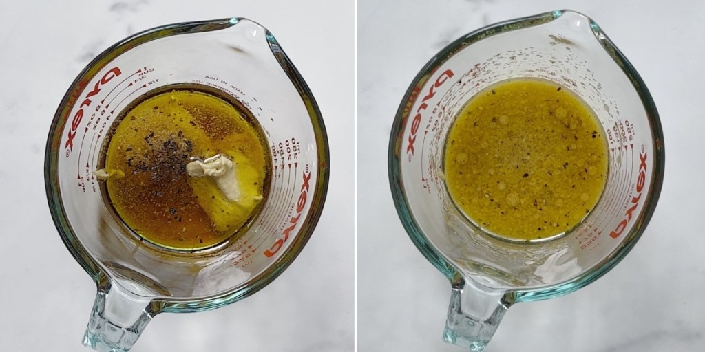 before and after of all ingredients for maple dijon vinaigrette dressing in a glass measuring cup