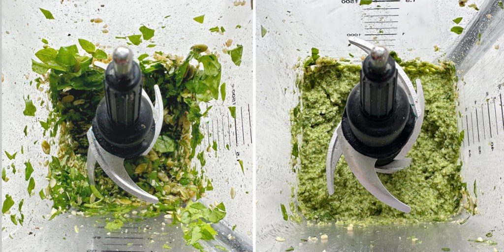before and after vegan nut-free pesto in blender