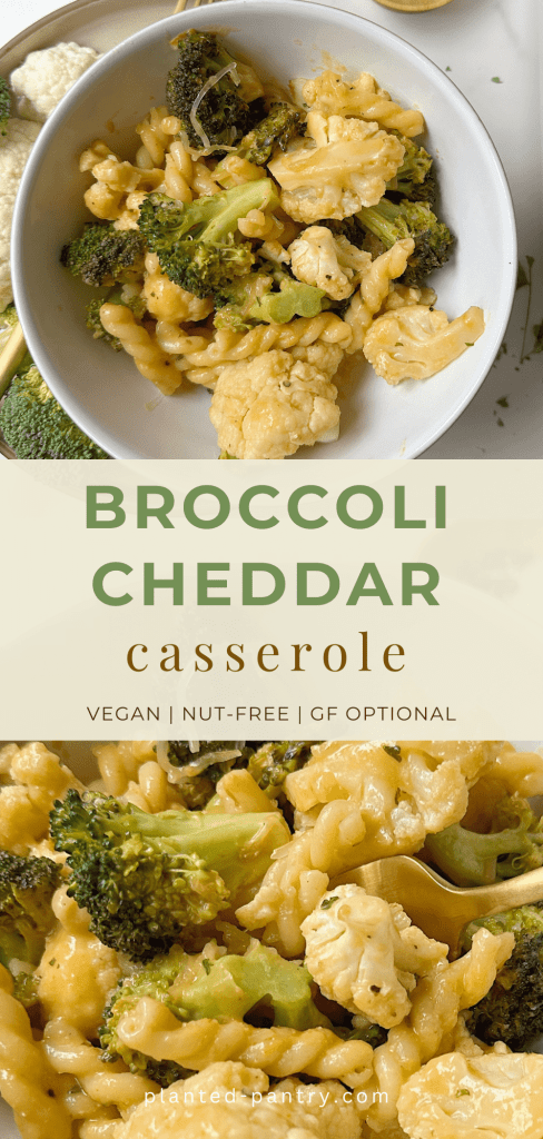 pin for vegan broccoli cheddar casserole
