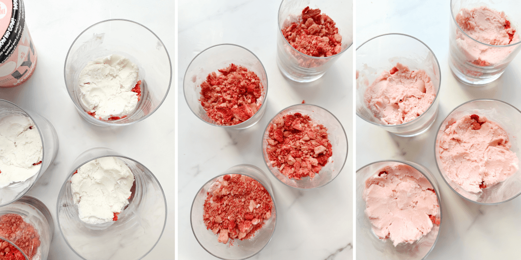 layers for vegan strawberry short cake ice cream cups