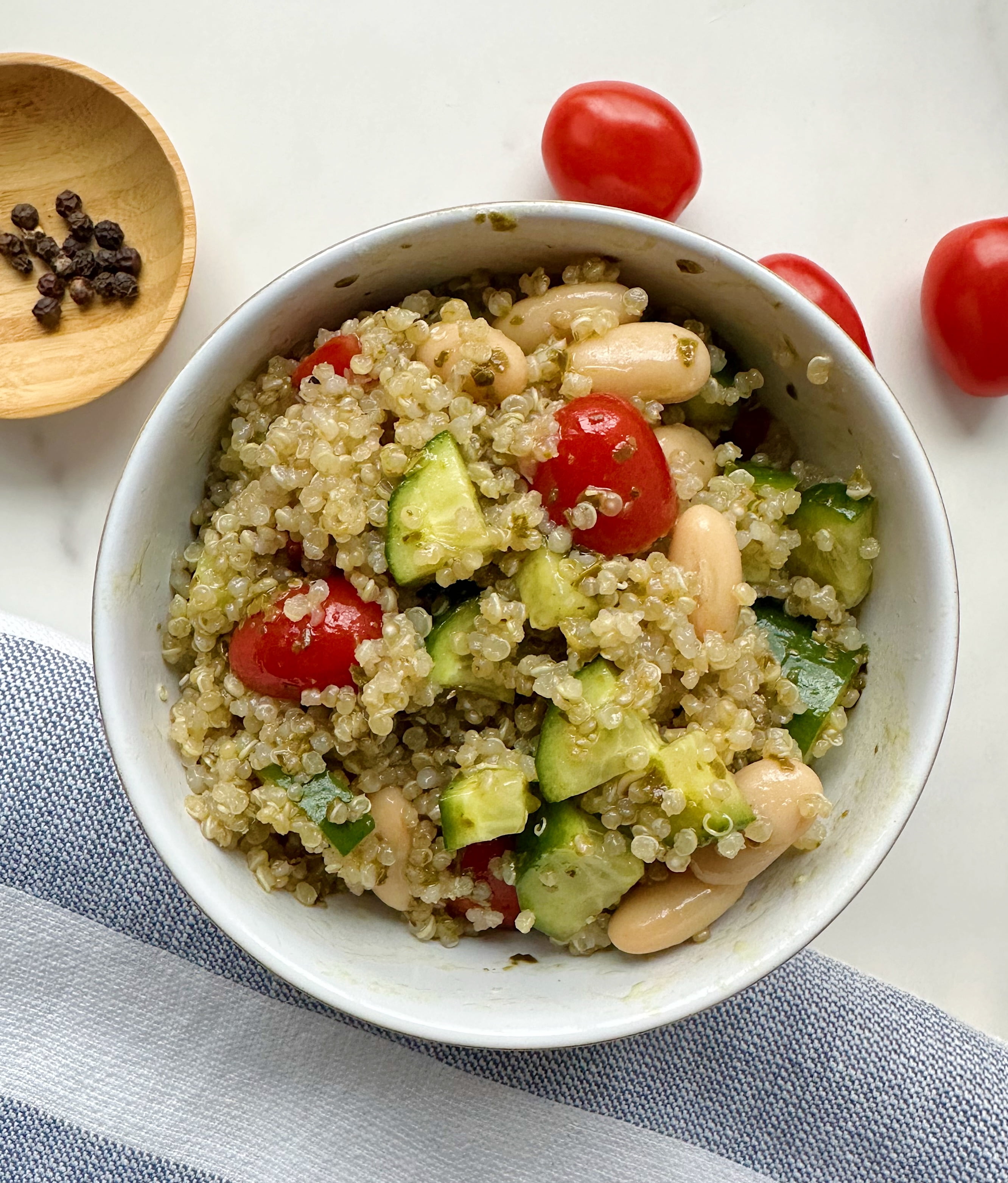 finished vegan mediterranean quinoa white bean salad