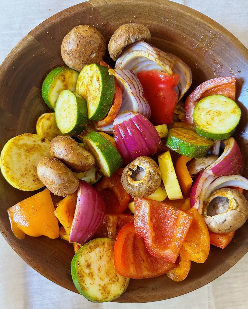 marinated veggies for grilled vegetable kebabs