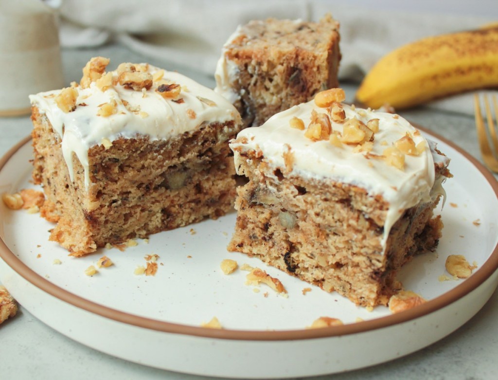 finished slices of vegan banana walnut cake