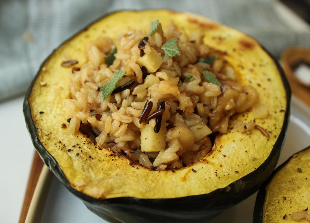 vegan stuffed acorn squash close up