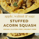 pin image for vegan stuffed acorn squash with wild rice