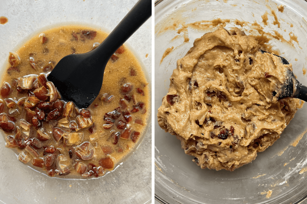 steps 2 and 3 of making the vegan cranberry date bread dough