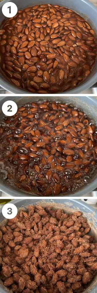 collage showing steps 1-3 of vegan cinnamon sugar candied almonds