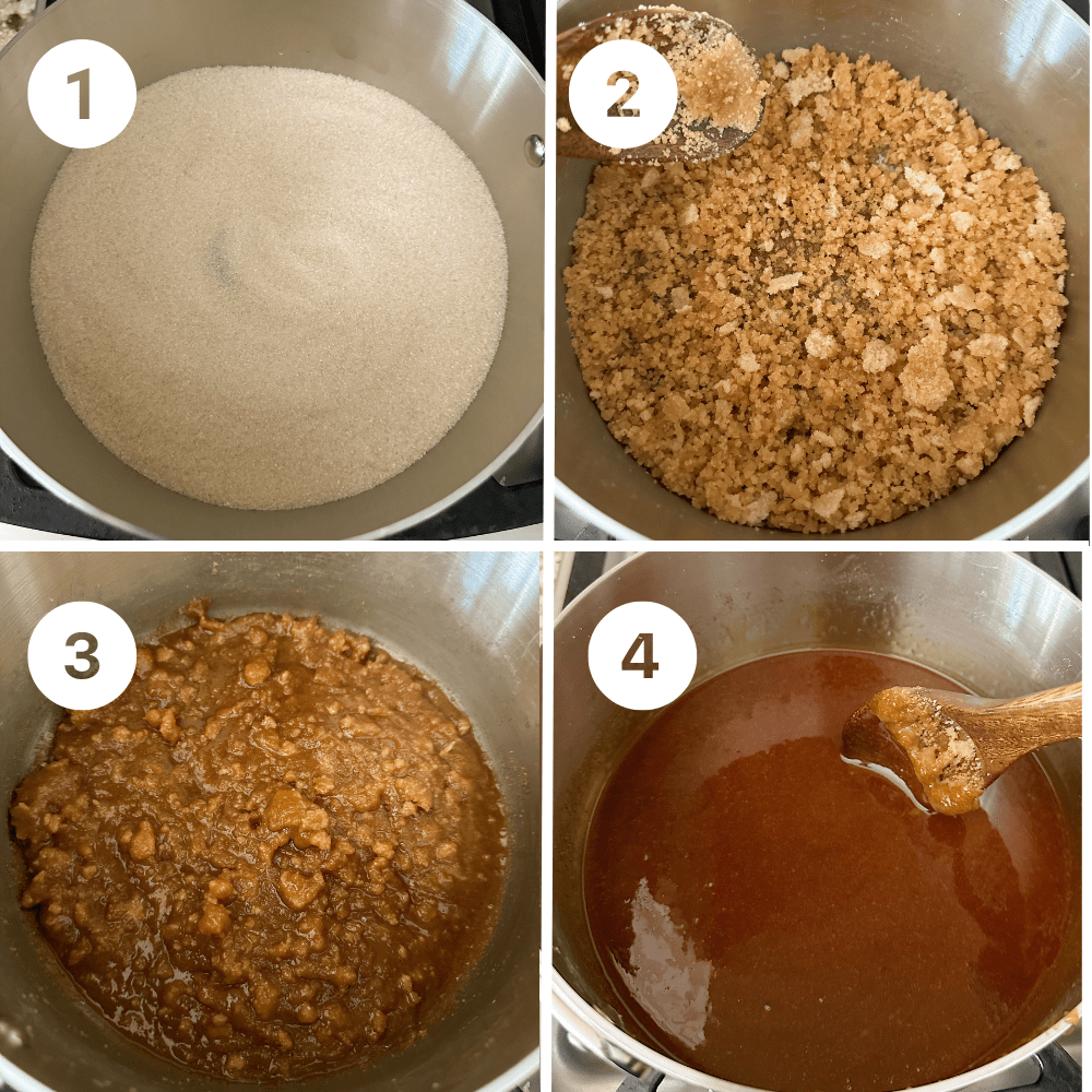 steps 1-4 of melting sugar for vegan caramel sauce