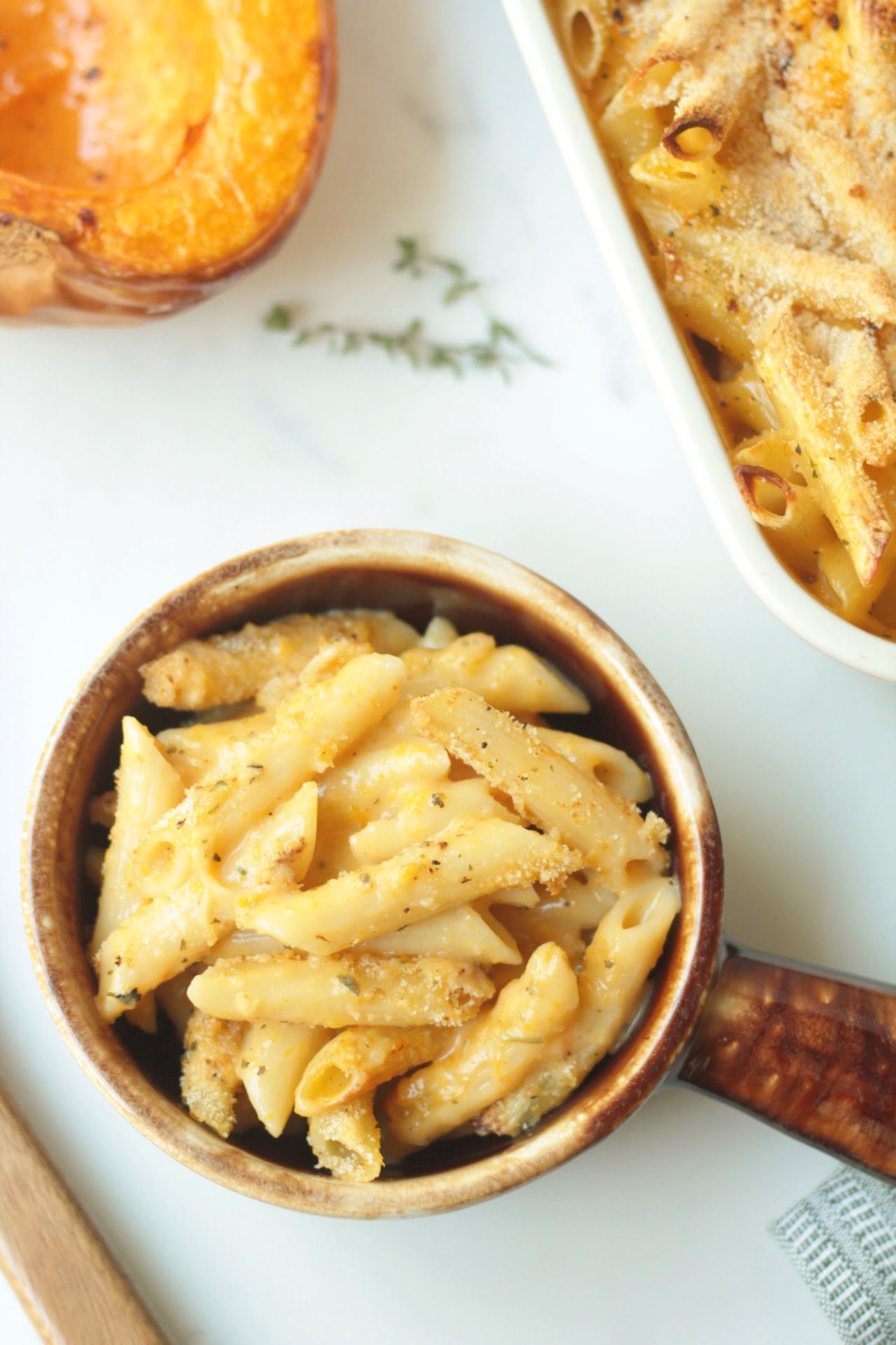small crock of butternut squash vegan mac and cheese