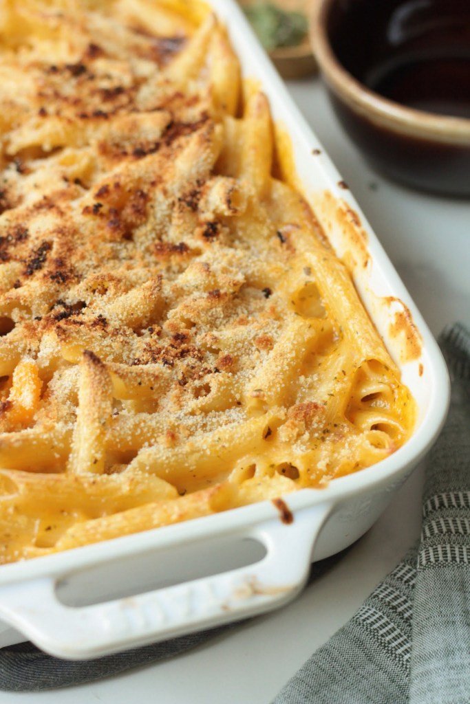 finished vegan butternut squash mac and cheese in the baking dish