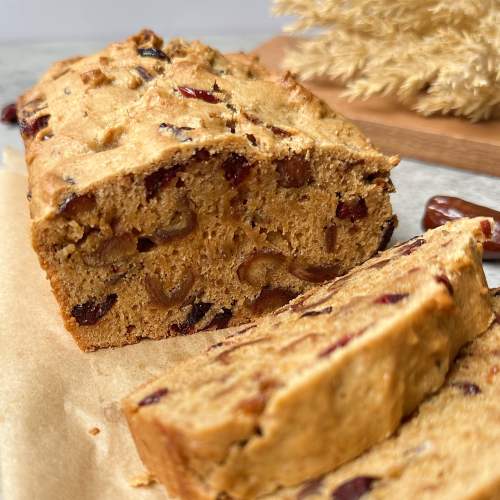 close up view of vegan cranberry date bread sliced
