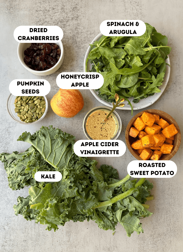 labeled ingredient image for vegan harvest salad with apple cider vinaigrette