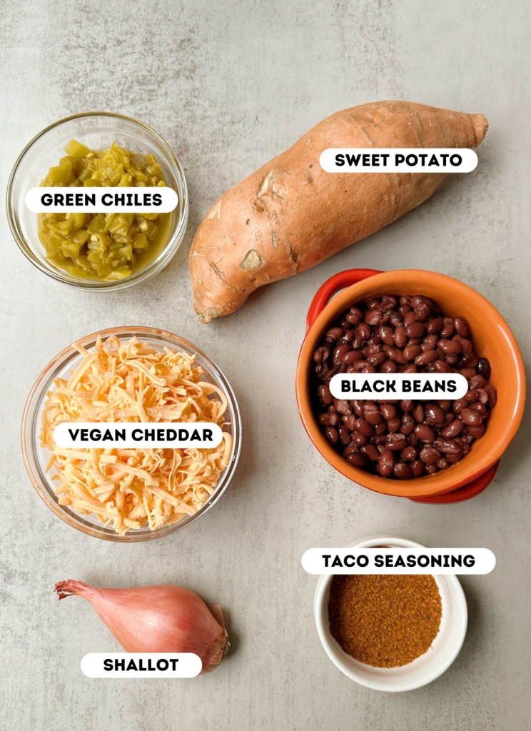 ingredients for vegan quesadillas labeled