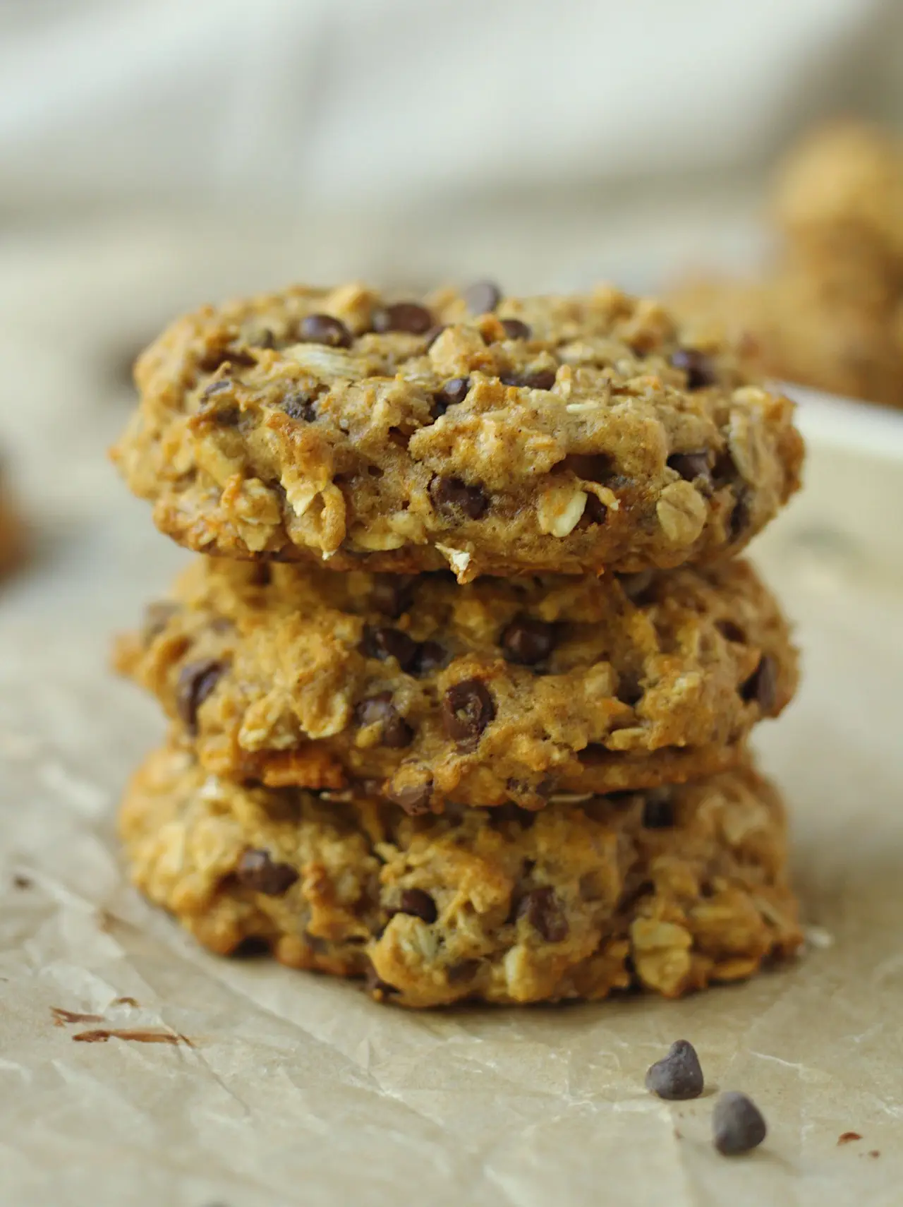 vegan sweet potato oatmeal chocolate chip cookies stacked