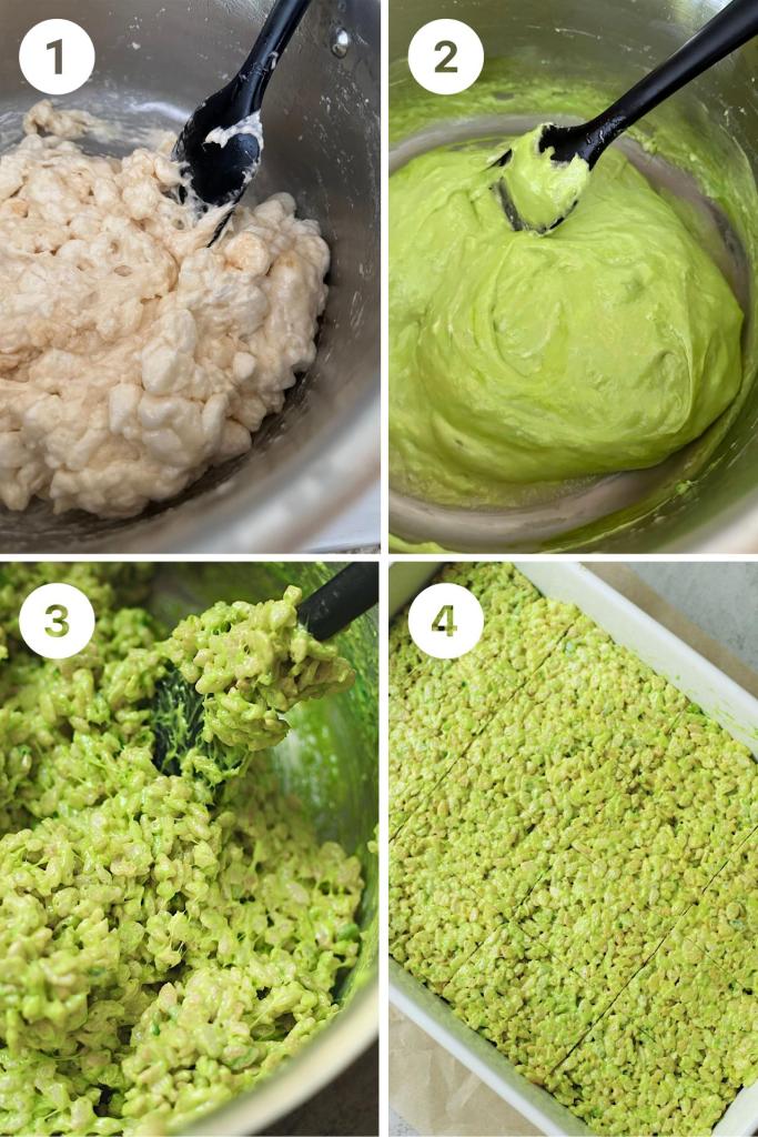 4 steps for vegan frankenstein rice krispie treats