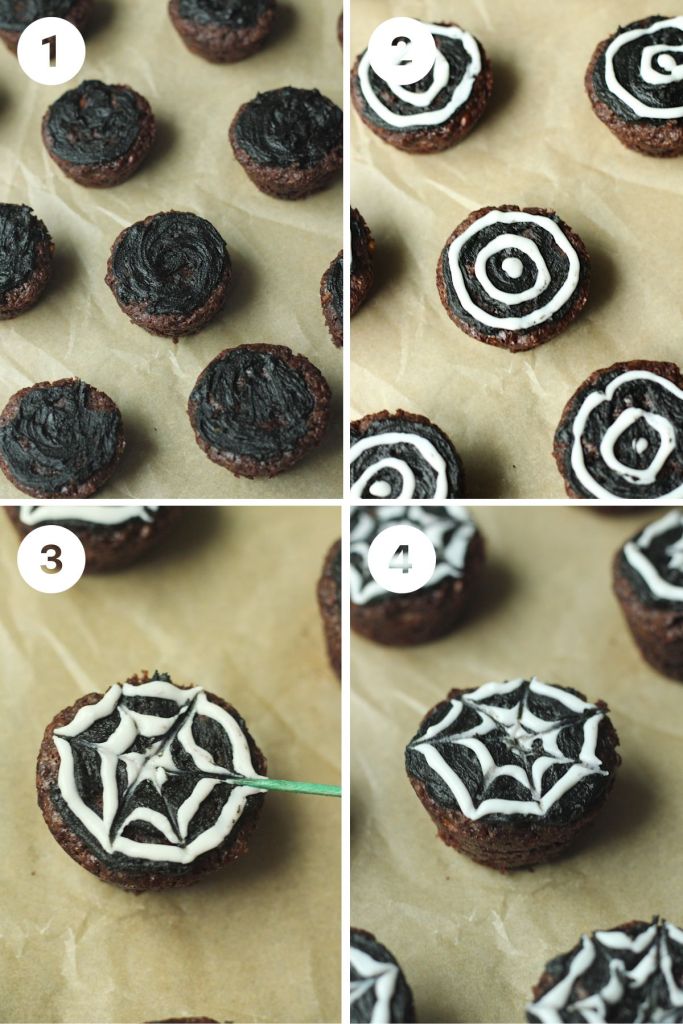4 steps for decorating vegan spider web brownie bites