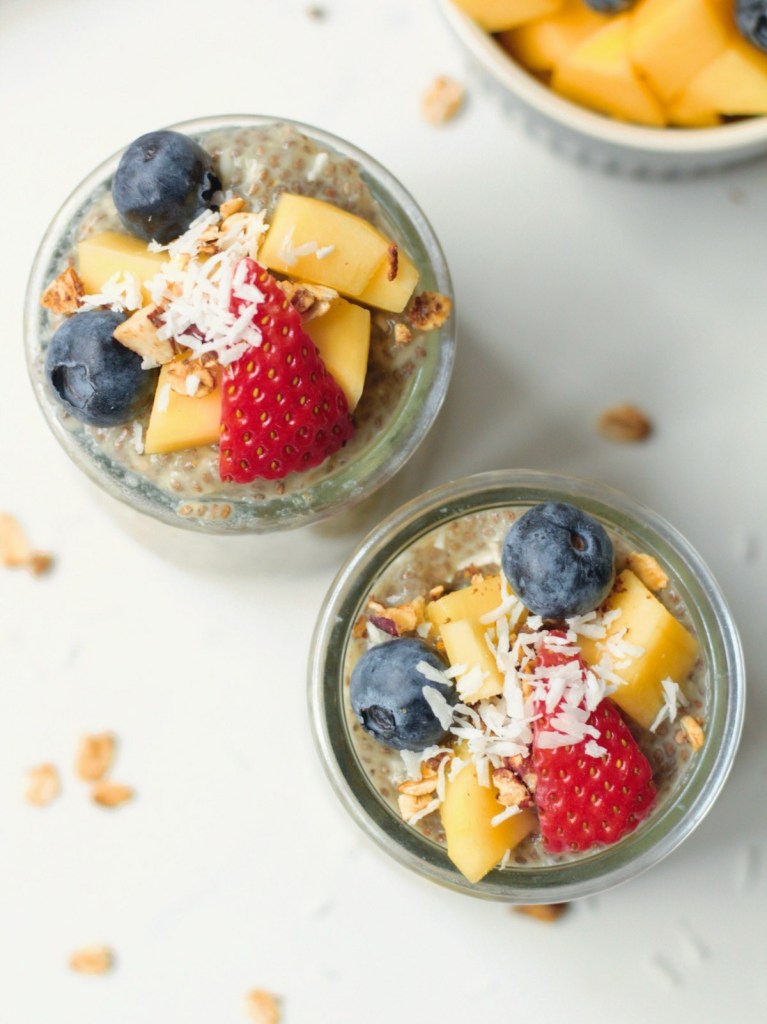 top view of vegan coconut mango chia pudding