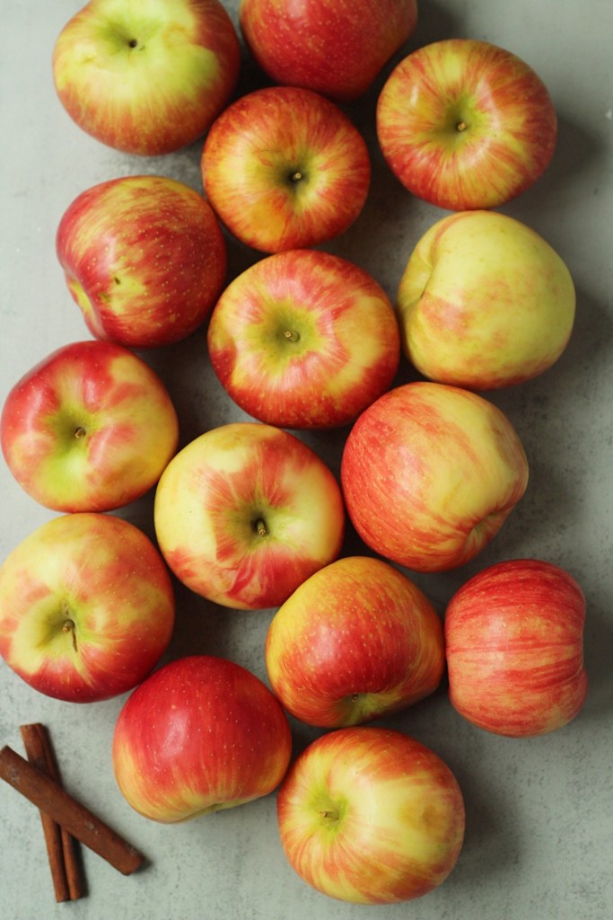 honeycrisp apples and cinnamon on a plain background