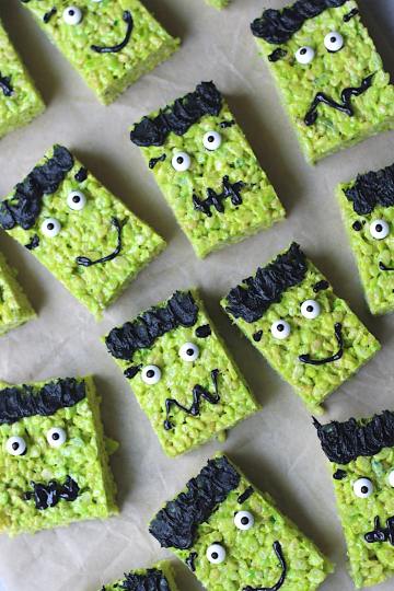 many decorated frankenstein rice krispie treats