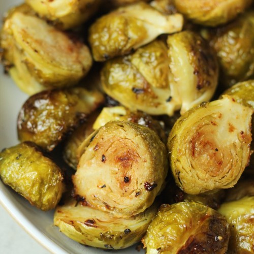 close up maple dijon brussels sprouts roasted