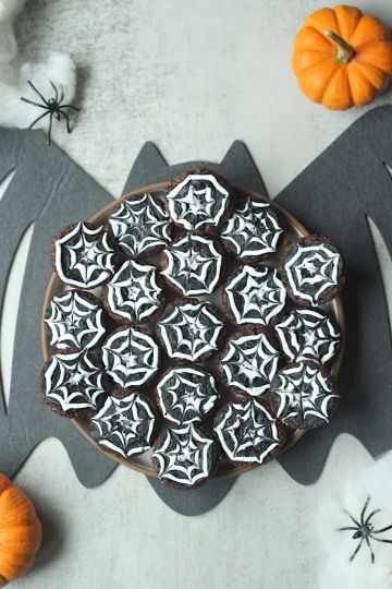 vegan spider web brownie bites top view