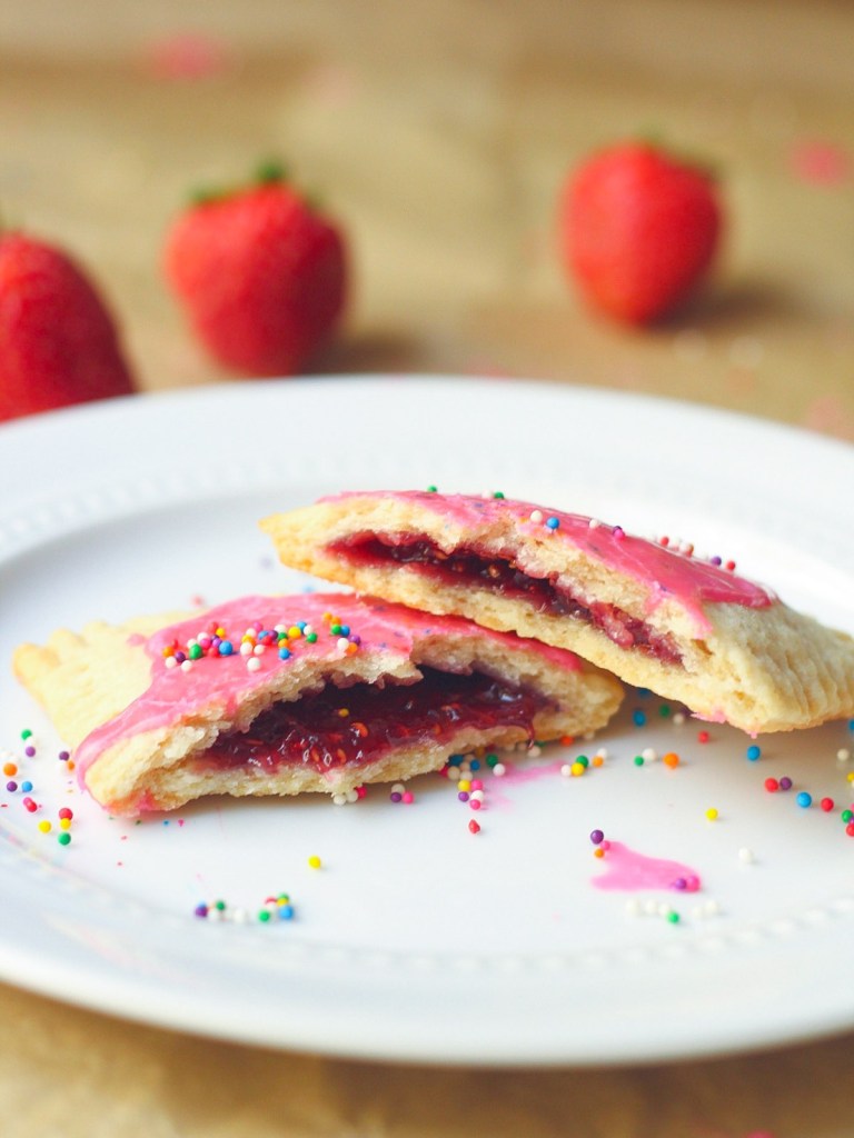 vegan pop tart split open to show filling on white plate