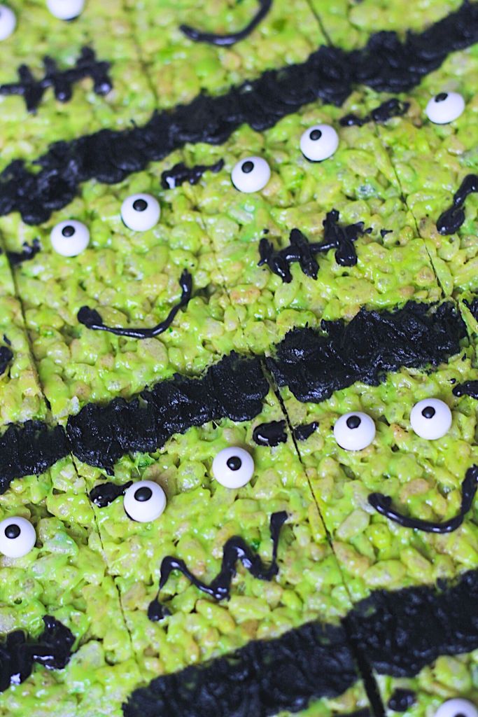mulitple vegan frankenstein rice krispie treats