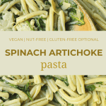 pin image for creamy vegan spinach artichoke pasta