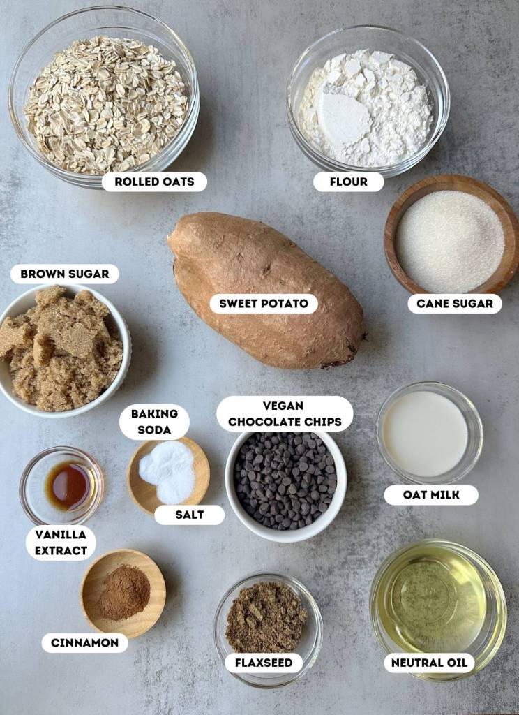 ingredients for vegan sweet potato oatmeal chocolate chip cookies