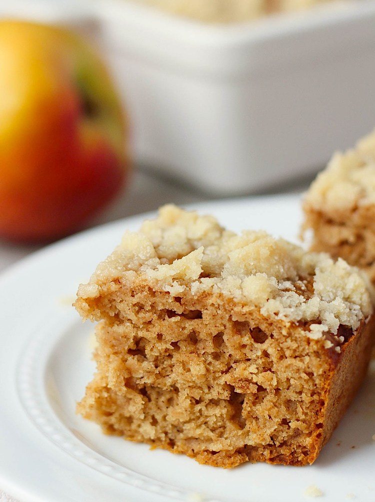 vegan applesauce cake pieces on a white plate