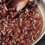 vegan pecan pie bars filling in a saute pan