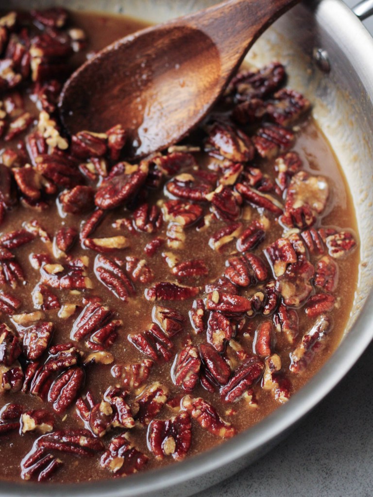 vegan pecan pie bars filling in a saute pan