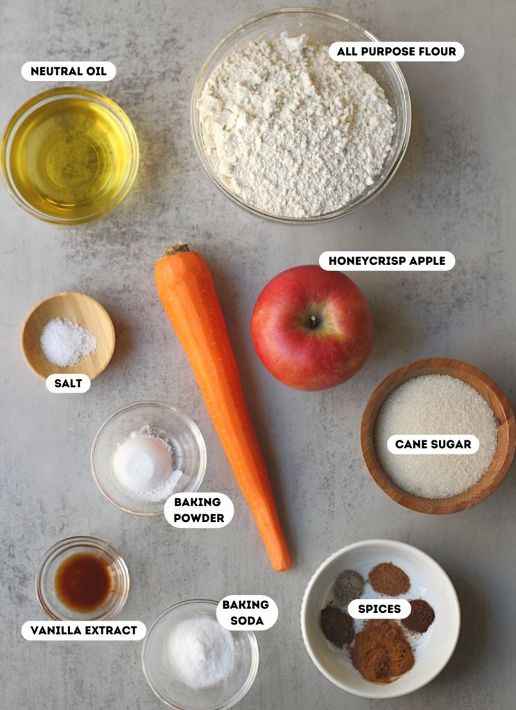labeled ingredients photo for vegan carrot apple muffins